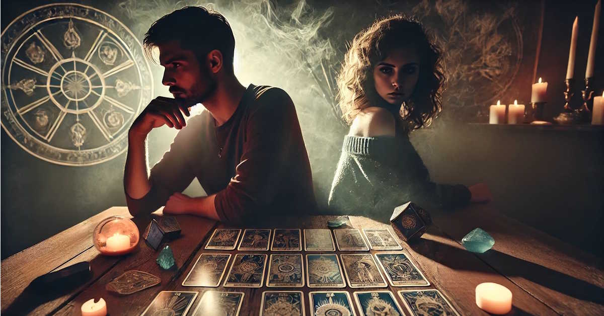 Dvije zabrinute osobe okrenute leđima, tarot karte na stolu