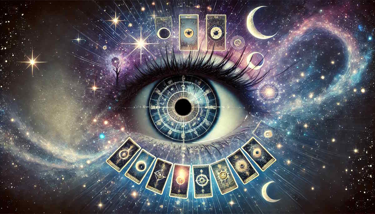 U oku se reflektiraju tarot karte ili svjetlosni simboli