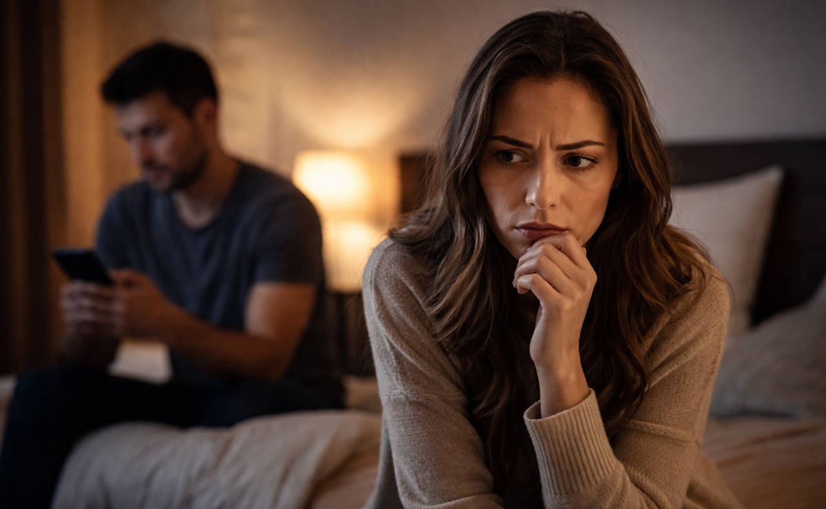 Zabrinuta žena sumnja da je partner vara dok on skriva mobitel u pozadini